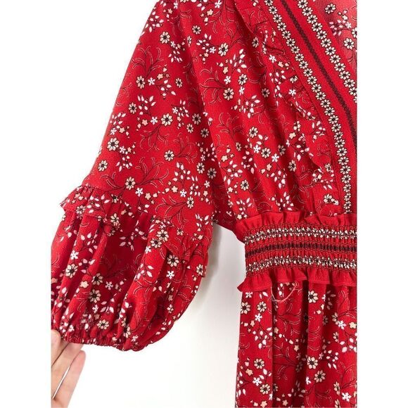 Max Studio V-Neck Empire Waist Dress in Red Size S Puff Sleeve Floral - Picture 4 of 10